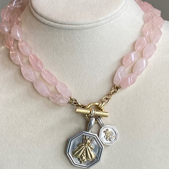 Designer SLANE ~ 18K Yellow Gold ~ Rose Quartz & Diamond Necklace Double Strand - Picture 10 of 16